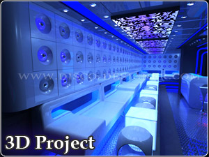 3D projekt - oświetlenie sufitowe, meble klubów nocnych